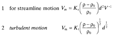 where (c.g.s. units):  ρ = density of particle  ρ0 = density of fluid  d = particle size (diameter)  V = fluid velocity  Vm = maximum particle velocity  Ks, and Kt, are constants dependent on particle shape.